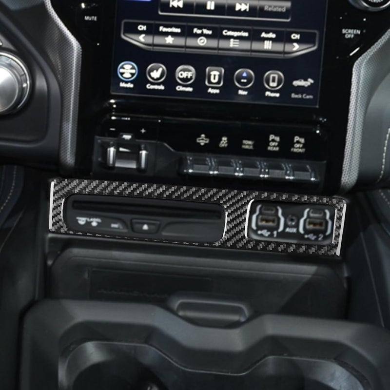 PJFUS Real Soft Carbon Fiber Car Center Console USB Port Power Outlet Panel Trim Sticker Compatible with Dodge Ram 1500/2500/3500 2019-2023(Crew Cab Version) Auto Interior Accessories Black - Image 3